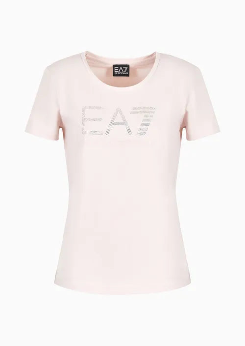 T-shirt Logo Series in cotone stretch con logo strass pink